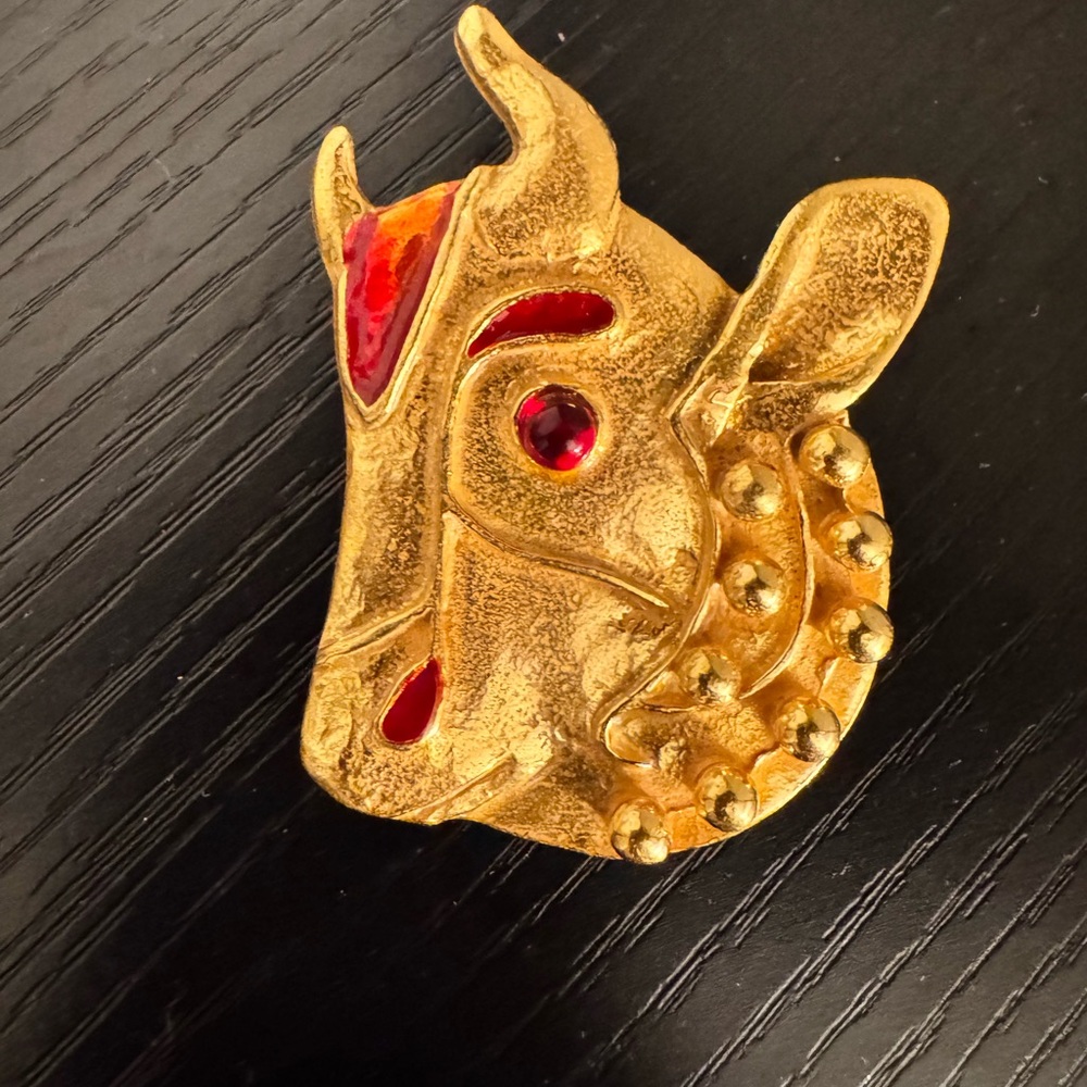 Gold-tone Cow Head Brooch with Red Enamel Accents